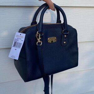 Michael Kors Navy Blue Handbag Purse with Gold Accents